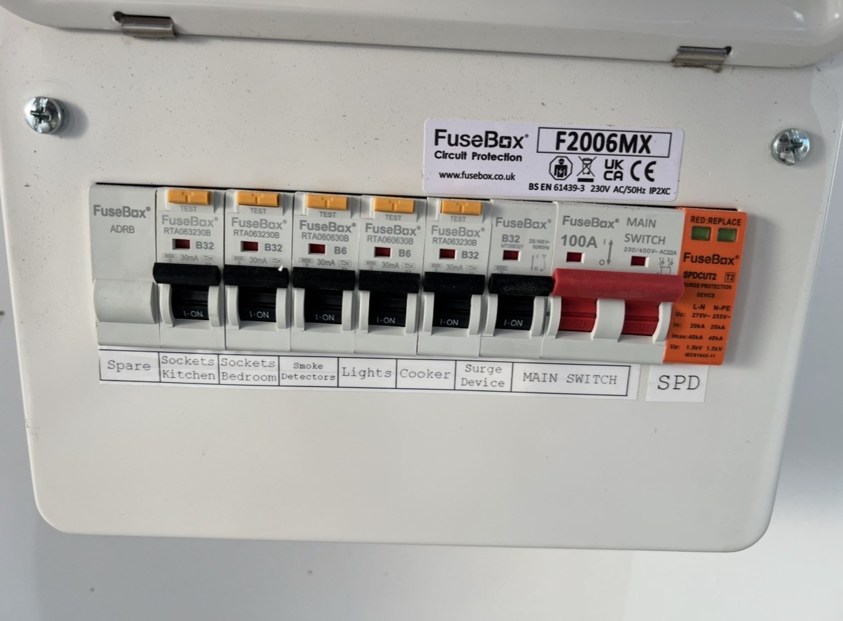 Metal clad consumer unit with RCBO's, and SPD Surge Protective Device